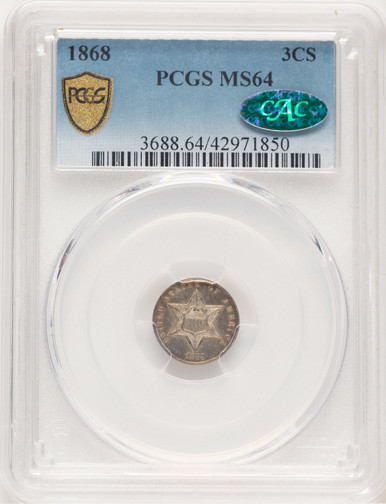 1868 3CS CAC Blue Gradient Three Cent Silver PCGS MS64. Third Image
