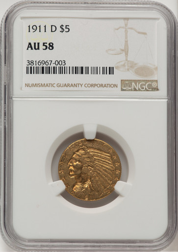 1911-D $5 Indian Half Eagle NGC AU58 (777498002). Third Image