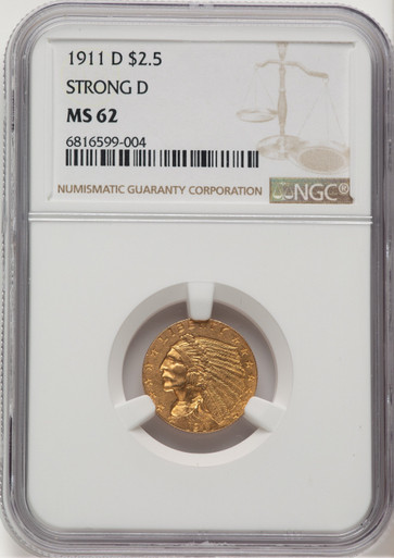 1911-D $2.50 Indian Quarter Eagle NGC MS62 (763757001). Third Image