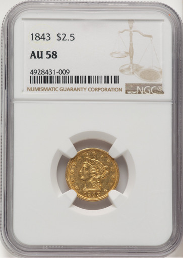 1843 $2.50 Liberty Quarter Eagle NGC AU58 (777581012). Fourth image.
