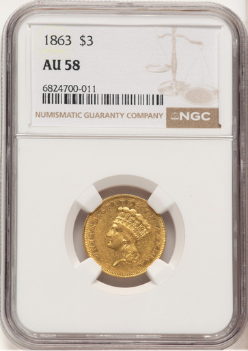 1863 $3 Three Dollar Gold Pieces NGC AU58 (780016001). Third Image