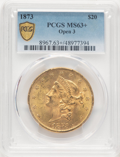 1873 $20 OPEN 3 Liberty Double Eagle PCGS MS63+. Fourth image.