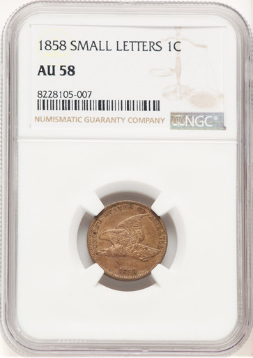 1858 1C SM LETTERS Flying Eagle Cent NGC AU58. Third image.
