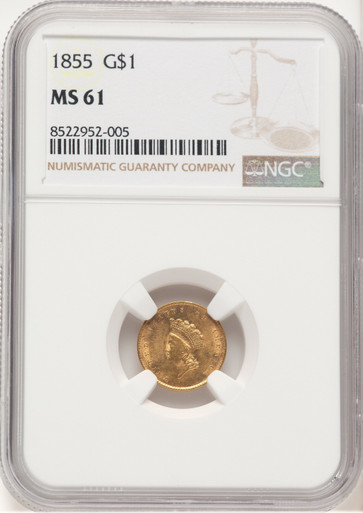 1855 G$1 Type Two Gold Dollar NGC MS61 (780078004). Third image.