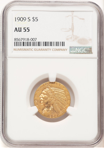 1909-S $5 Indian Half Eagle NGC AU55 (521657028). Third image.