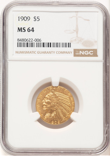 1909 $5 Indian Half Eagle NGC MS64 (521661002). Third image.