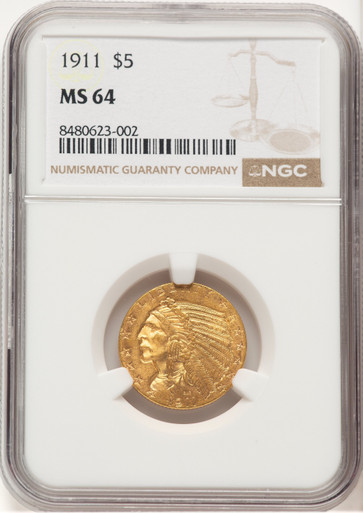 1911 $5 Indian Half Eagle NGC MS64 (521661003). Third image.
