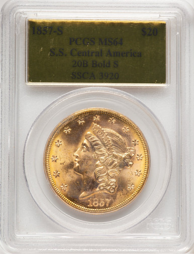 1857-S $20 Bold S Liberty Double Eagle PCGS MS64. Third Image