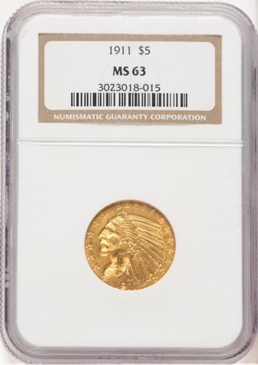1911 $5 Indian Half Eagle NGC MS63 (520492022). Third image.