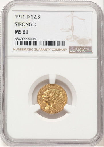 1911-D $2.50 Indian Quarter Eagle NGC MS61 (779153001). Third image.