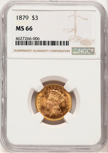 1879 $3 Three Dollar Gold Pieces NGC MS66. Third image.