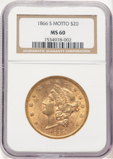 1866-S $20 MOTTO Liberty Double Eagle NGC MS60. Third image.
