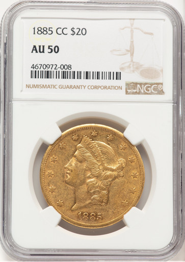 1885-CC $20 Liberty Double Eagle NGC AU50. Third image.