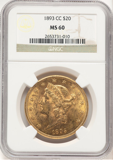 1893-CC $20 Liberty Double Eagle NGC MS60. Third image.