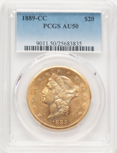 1889-CC $20 Liberty Double Eagle PCGS AU50. Third image.