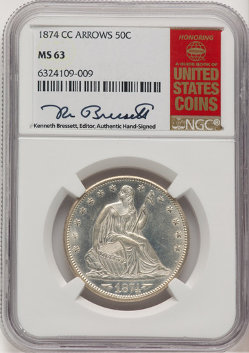 1874-CC 50C Arrows Kenneth Bressett Red Book Seated Half Dollar NGC MS63. Third image.
