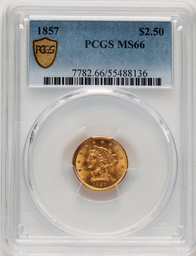 1857 $2.50 Liberty Quarter Eagle PCGS MS66. Fourth image.