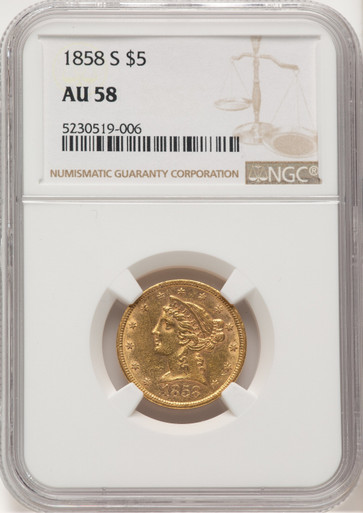 1858-S $5 Liberty Half Eagle NGC AU58. Fourth image.