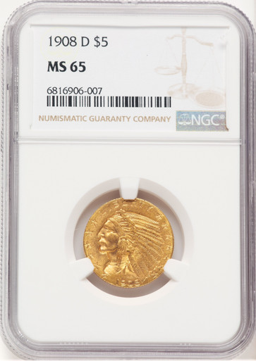 1908-D $5 Indian Half Eagle NGC MS65. Fourth image.