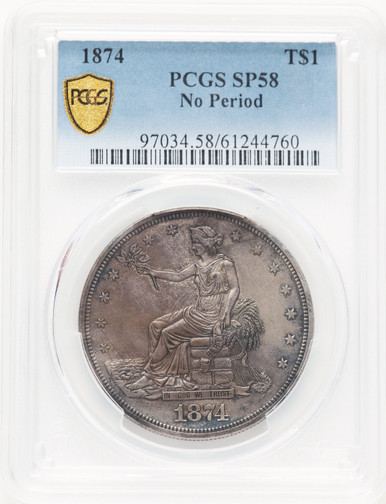 1874 T$1 No Period Blue Gradient Trade Dollar PCGS AU58 - LCR Coin