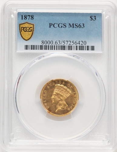 1878 $3 Three Dollar Gold Pieces PCGS MS63 (780269017). Third Image