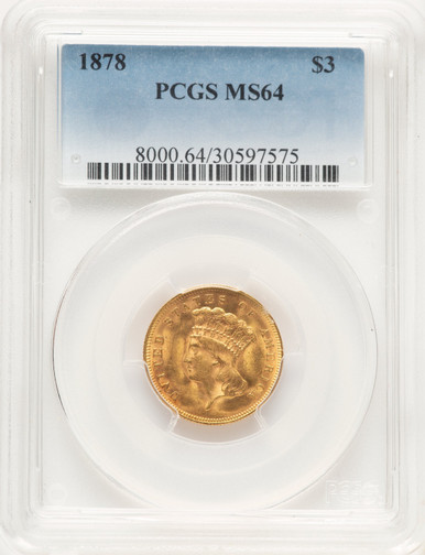 1878 $3 Three Dollar Gold Pieces PCGS MS64 (780408004). Third Image