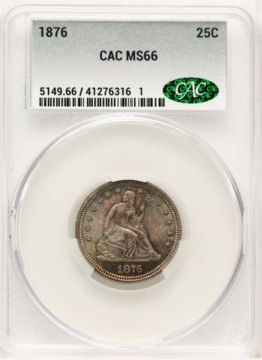 1876 25C Seated Quarter CACG MS66. Third image.