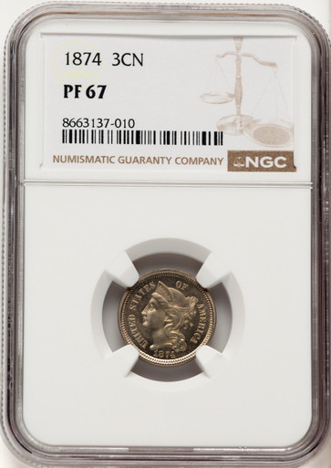 1874 3CN Proof Three Cent Nickel NGC PR67 (506666006). Third image.
