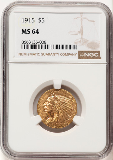1915 $5 Indian Half Eagle NGC MS64 (780367006). Third image.