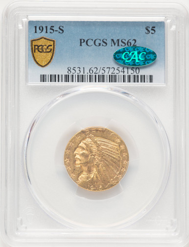 1915-S $5 CAC Indian Half Eagle PCGS MS62 - LCR Coin