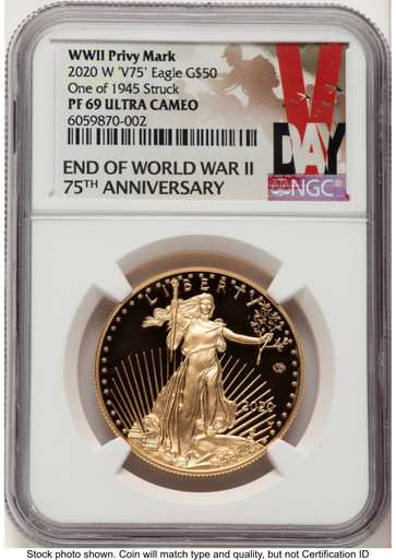 2020-W Proof Gold Eagle V75 Privy One of 1945 Struck 1 oz V-Day