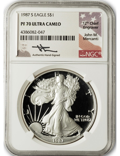 1987-S American Silver Eagle NGC PF70 Ultra Cameo John Mercanti Signed