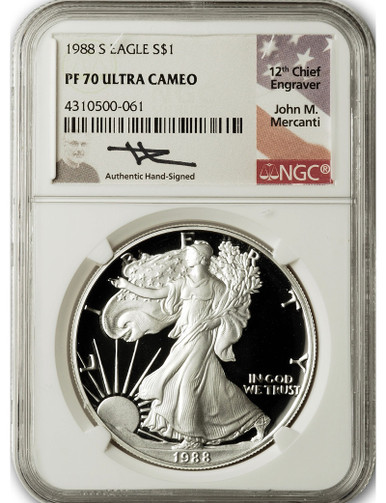 1988-S American Silver Eagle NGC PF70 Ultra Cameo John Mercanti Signed Collectible Coin | LCR Coin