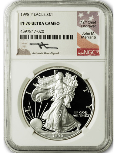 1998-P American Silver Eagle NGC PF70 Ultra Cameo John Mercanti Signed Collectible Coin | LCR Coin