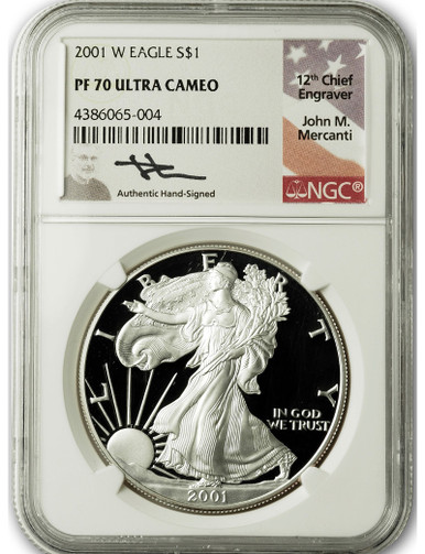 2001-W American Silver Eagle NGC PF70 Ultra Cameo John Mercanti Signed Collectible Coin | LCR Coin