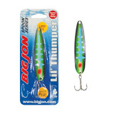 The Lil' Thumper is a 3-1/2 inch by 13/16 inch trolling spoon that is a proven tournament winner!
The "Green Enticer" is a Black, Green and Glow Latterback color pattern.(Click On Image For Larger View).