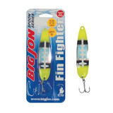 The Fin Fighter is a 4-1/4 inch by 1 inch trolling spoon that is a proven tournament winner!
The "Palmetto Pu" is a Glow, Chartreuse, Black and Silver Ladderback color pattern.