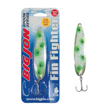 The Fin Fighter is a 4-1/4 inch by 1 inch trolling spoon that is a proven tournament winner!
The "Green Toad" is a Glow, Green, Black Spots and Silver color pattern.
