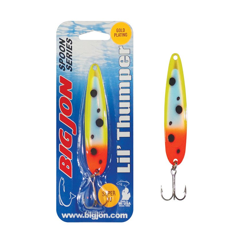 The Lil' Thumper is a 3-1/2 inch by 13/16 inch trolling spoon that is a proven tournament winner!
The "Clutch's Touch" is a Gold and Green Froggy color pattern on Gold Plating. 