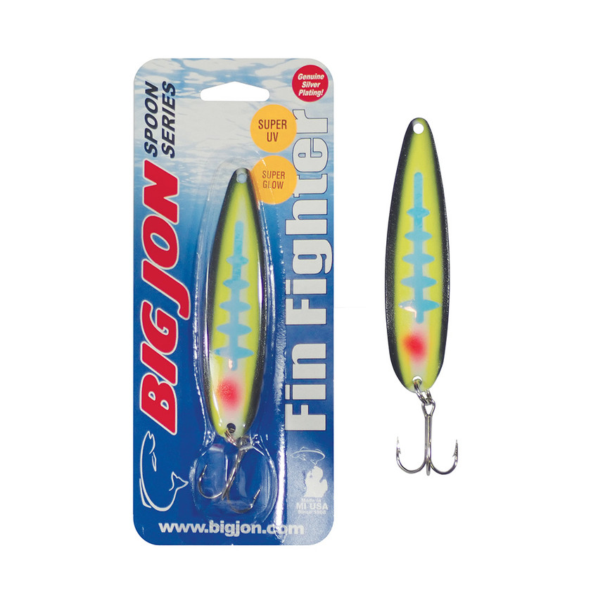The Fin Fighter is a 4-1/4 inch by 1 inch trolling spoon that is a proven tournament winner!
The "Yellow Enticer" is a Black, Yellow and Glow Ladderback color pattern.