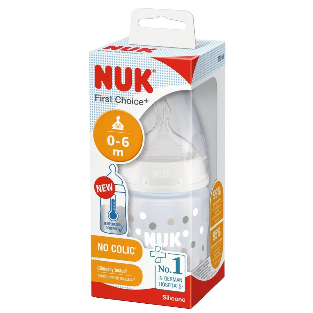 NUK First Choice+ Baby Bottle 0-6m 150ml, Anti-Colic, Temperature