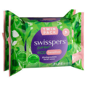 Swisspers Eco Sensitive Biodegradable Facial Wipes Twin 2x25 pack