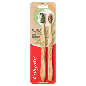 Colgate Bamboo Charcoal Manual Toothbrush, Value 2 Pack, Soft Bristles, 100% Biodegradable Bamboo Handle, BPA Free