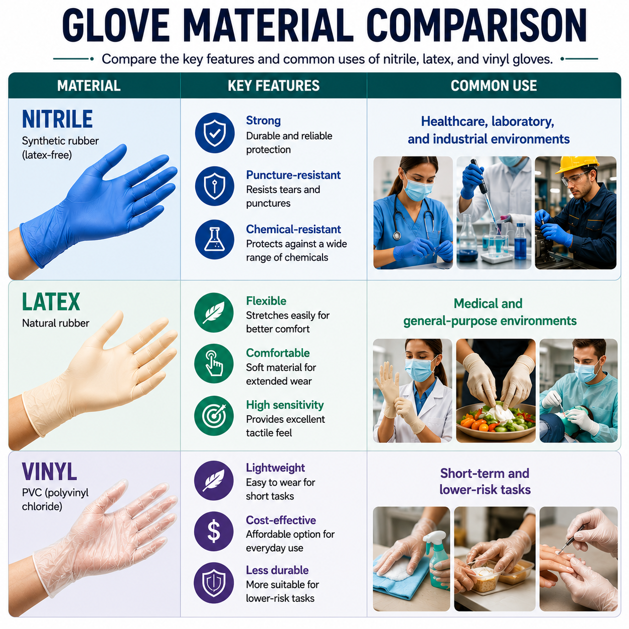 Infographic comparing nitrile, latex, and vinyl gloves, including durability, comfort, chemical resistance, allergy risk, and common uses in healthcare, laboratory, industrial, food handling, and low-risk environments