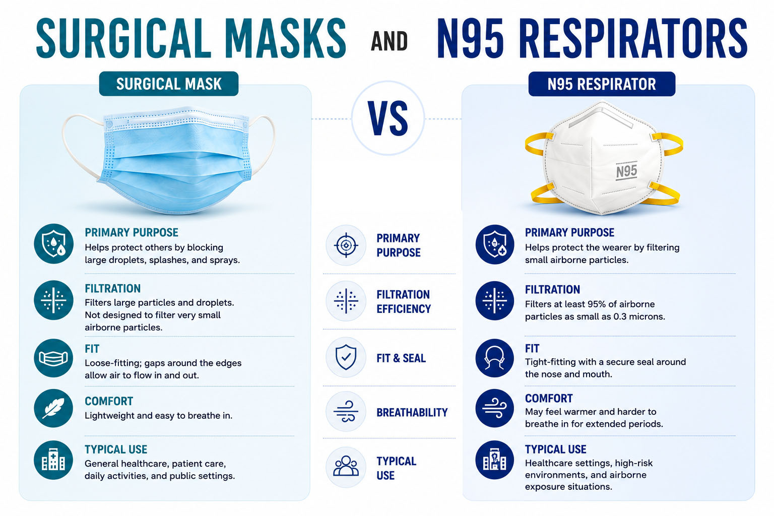 Infographic comparing surgical masks and N95 respirators, highlighting differences in filtration efficiency, fit, breathability, fluid resistance, and healthcare or workplace applications