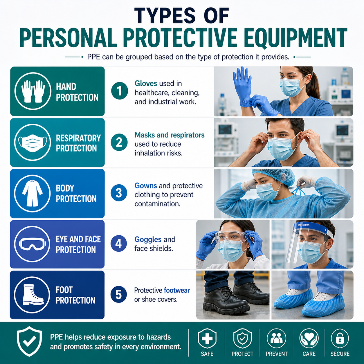 Types of personal protective equipment including gloves, masks, gowns, goggles, and protective footwear