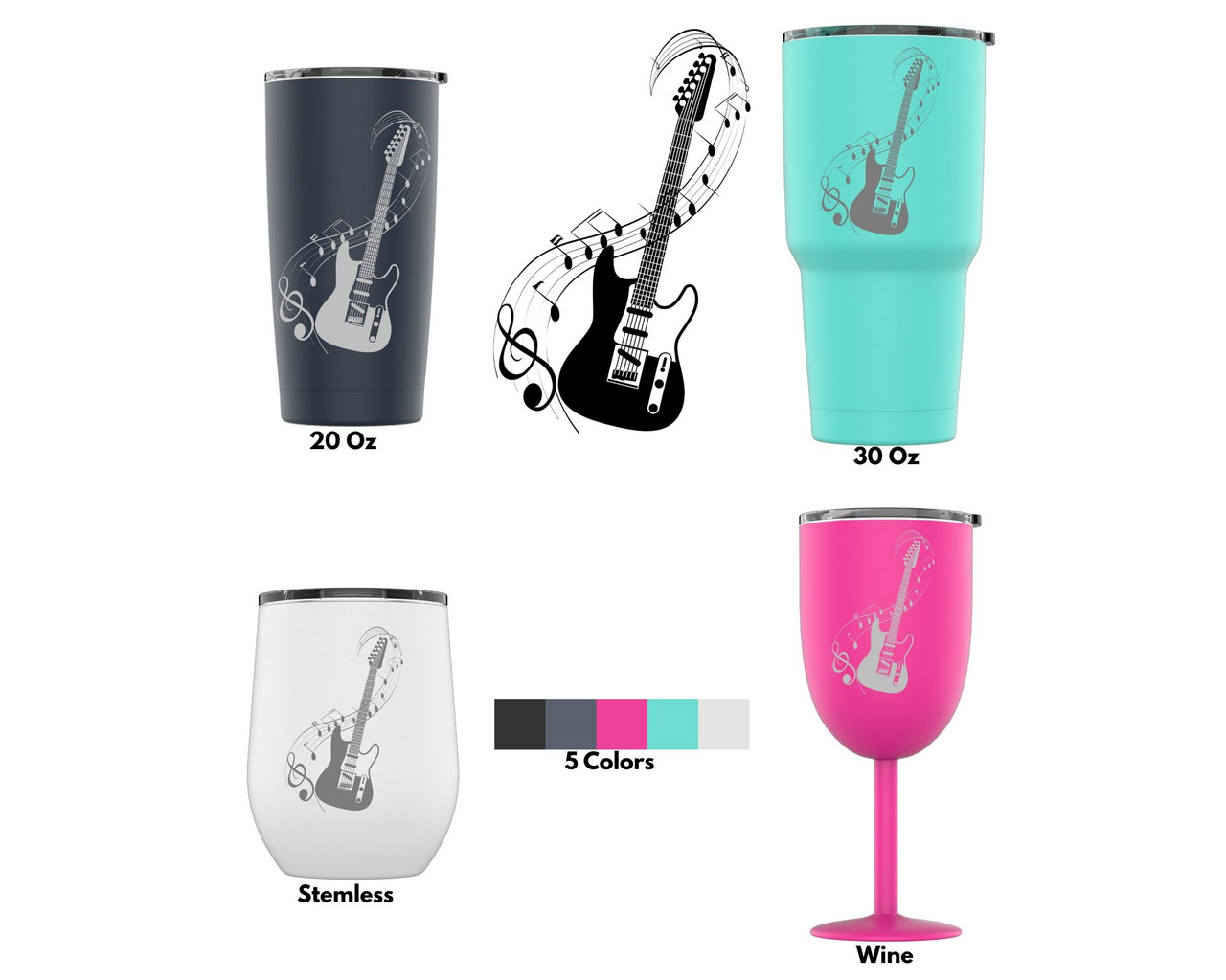 Laser Engraved Electric Guitar With Musical Notes Stainless Steel Powder  Coated Tumbler + Splash Proof Lid + 2 Straws*, Triple Wall Vacuum  Insulated, Coffee Cup Travel Mug