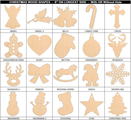 30 Pack Laser Cut Wood Blank Christmas Shapes Xmas Decorations (6" On Longest Side)