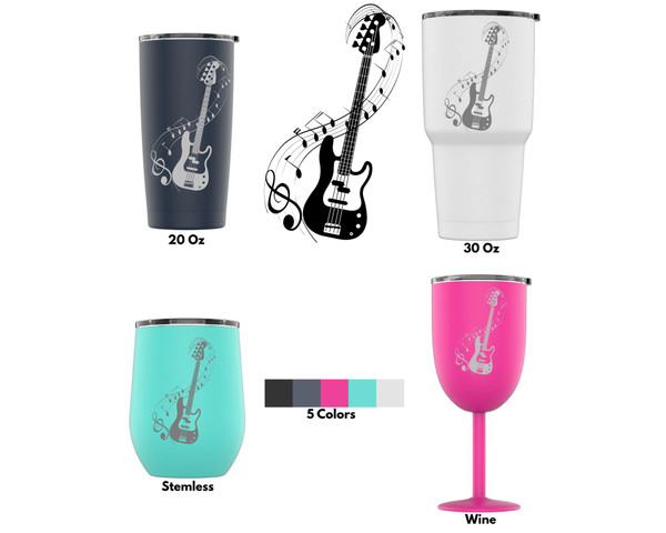 Laser Engraved Bass Guitar And Musical Notes Stainless Steel Powder Coated Tumbler + Splash Proof Lid