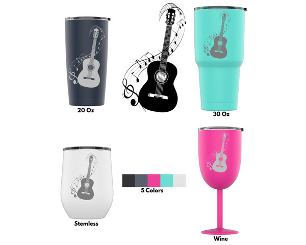 Laser Engraved Acoustic Guitar And Musical Notes Stainless Steel Powder Coated Tumbler + Splash Proof Lid